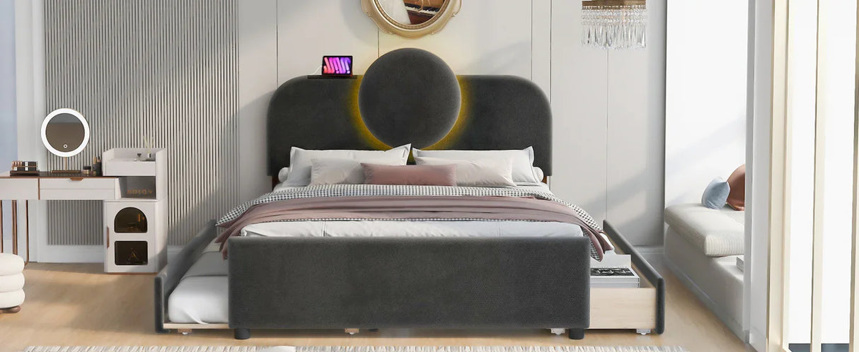 Platform Bed Upholstered With Storage Drawers Trundle Gray - Furniture Home Direct
