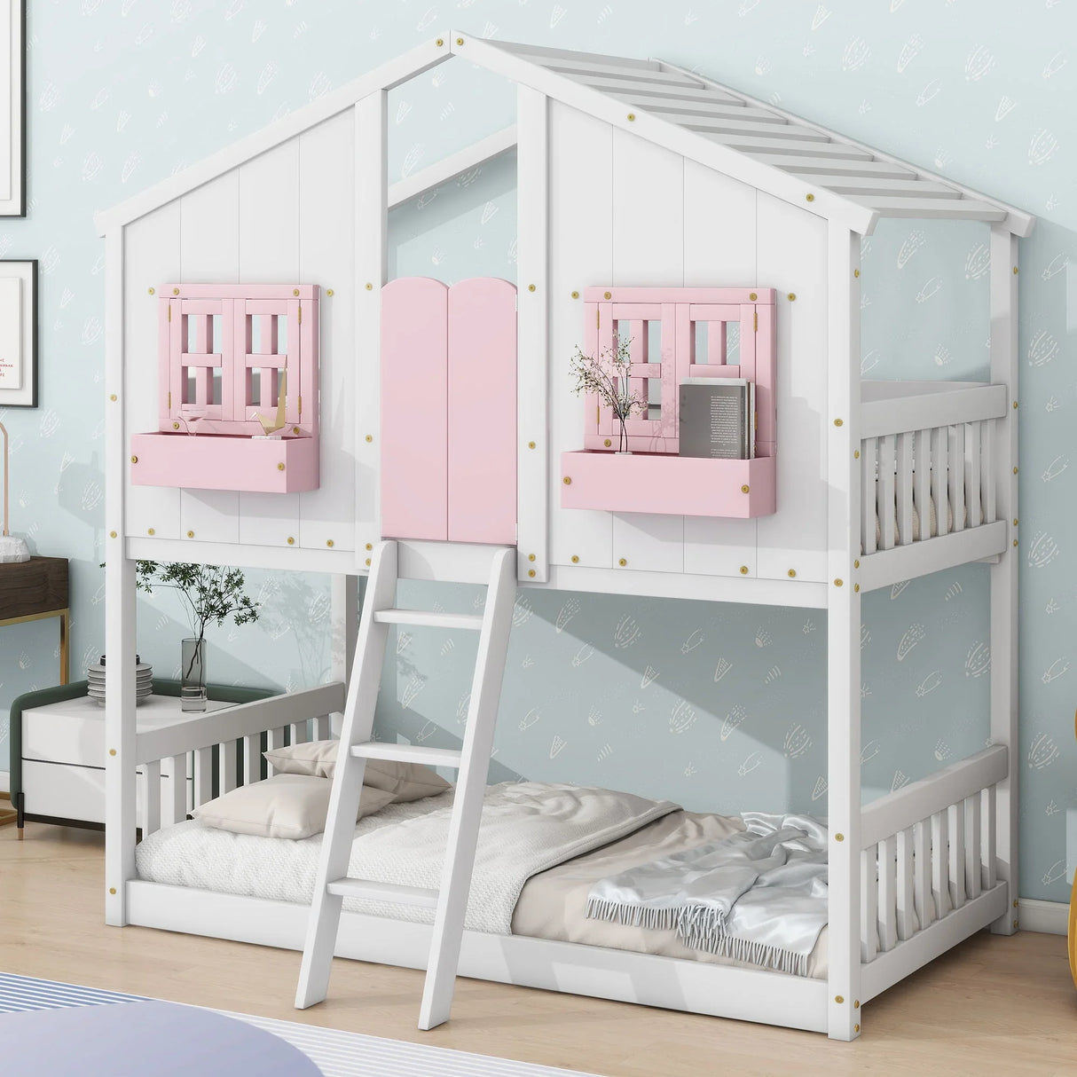 House Bunk Bed With Roof, Window, Window Box, Door, With Safety Guardrails And Ladder - Furniture Home Direct