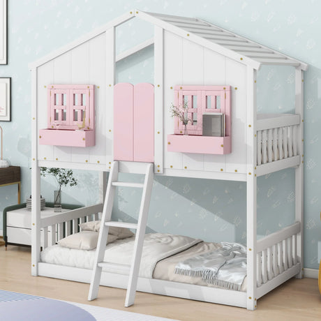 House Bunk Bed With Roof, Window, Window Box, Door, With Safety Guardrails And Ladder - Furniture Home Direct