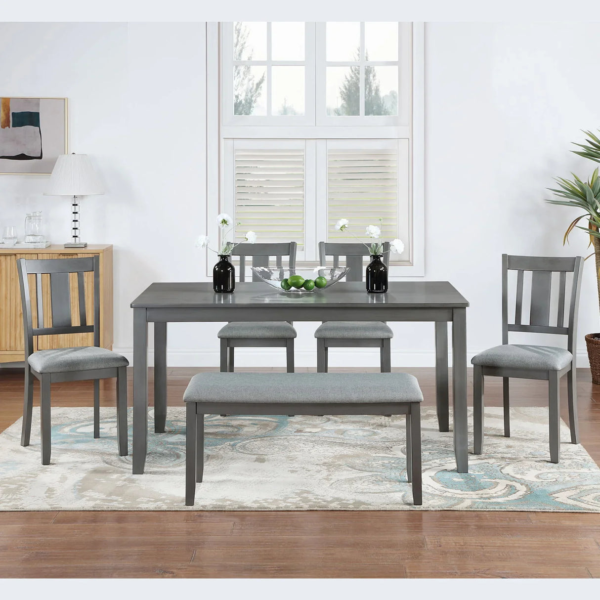 6 Pieces Kitchen Dining Set, Rectangular Wooden Dining Table With 4 Upholstered Chairs And A Bench - Furniture Home Direct