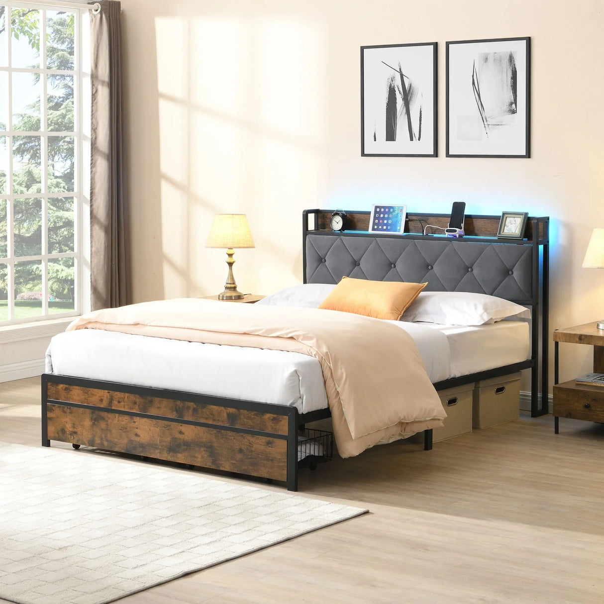 Modern Bed Frame With LED Lights, Upholstered Headboard, USB Charging - Furniture Home Direct