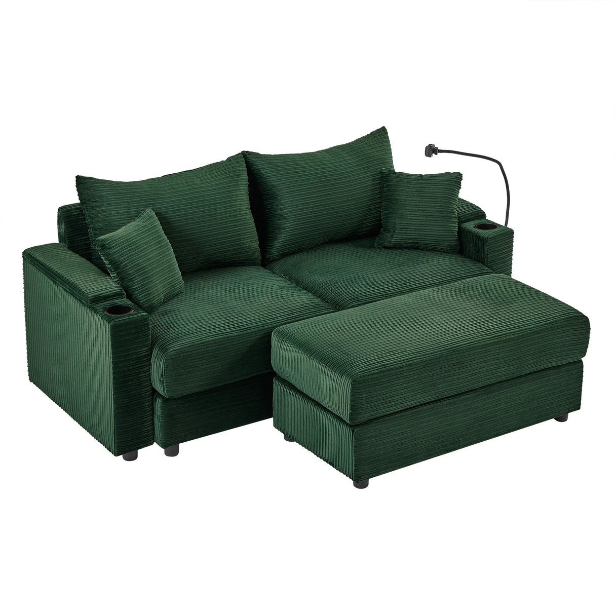 Sofa and Ottoman With Storage, Two USB Ports, Two Cup Holders and Phone Holder - Green - Furniture Home Direct