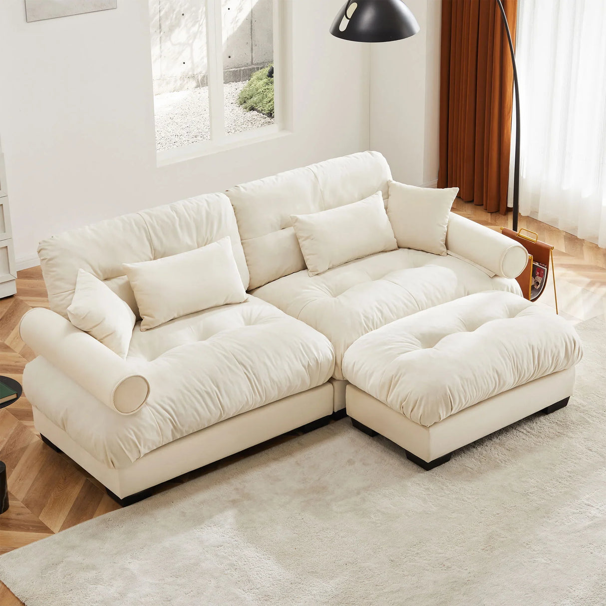 Modern Sectional Sofa With Ottoman, Round Bolster Armrests, Waist And Throw Pillows - Furniture Home Direct