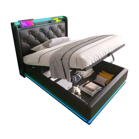 Upholstered Bed, 360 Surround LED Function, Remote Control, Hydraulic Storage Bed With USB, Type-C Charging (Without Mattress) - Furniture Home Direct
