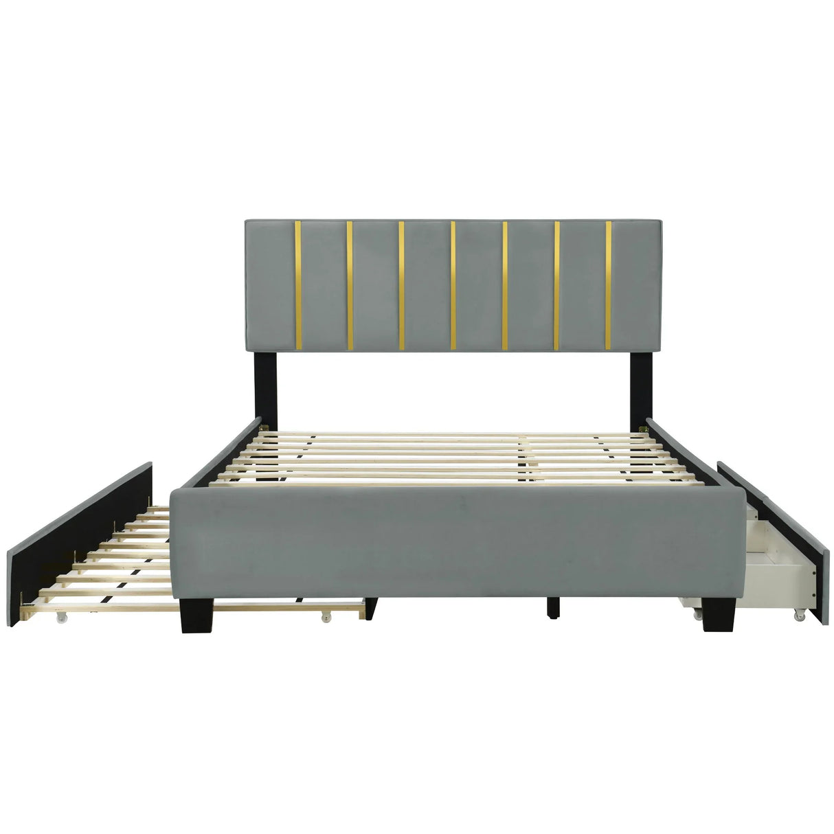 Upholstered Platform Bed With 2 Drawers And 1 Trundle, Classic Strip Headboard Design - Furniture Home Direct