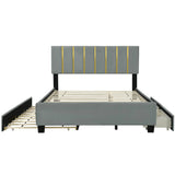 Upholstered Platform Bed With 2 Drawers And 1 Trundle, Classic Strip Headboard Design - Furniture Home Direct