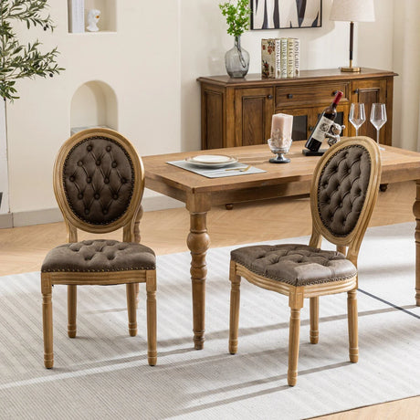 French Style Solid Wood Frame Antique Painting, Hand-Pulled Buckle Decoration PU Artificial Leather Dining Chair With Nailhead Trim, Wood Legs - Furniture Home Direct