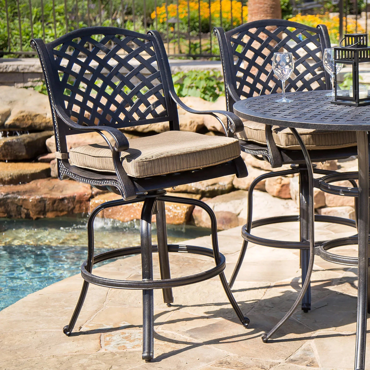 Elegant Cast Aluminum Counter Stool Set With Cushions, All Weather Design - Dark Brown - Furniture Home Direct