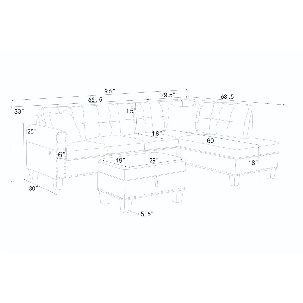 Camden - Power Sectional Sofa With Storage Ottoman And Built In Charging Ports - Gray - Furniture Home Direct