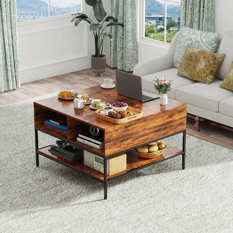 Rustic Flip Top Coffee Table With Hidden Storage - Black / Brown - Furniture Home Direct
