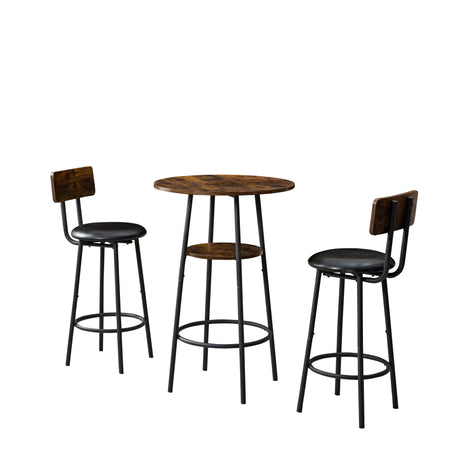 3 Piece Round Dining Table, Two-Level Small Dining Table With Storage, Bar Table, Two Upholstered Bar Chairs With Backrest - Antique Brown / Black - Furniture Home Direct