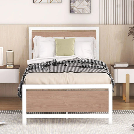 Platform Bed, Metal And Wood Bed Frame With Headboard And Footboard - Furniture Home Direct