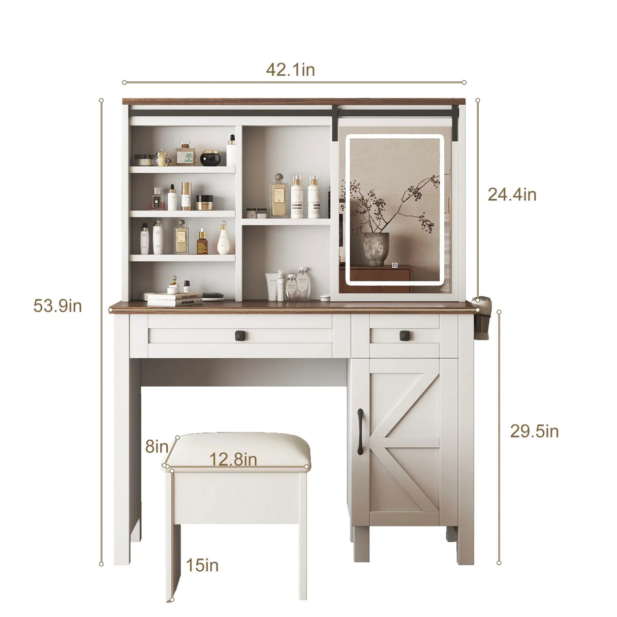 Rustic Farmhouse Makeup Vanity Desk With Sliding Mirror, LED Lights, And Charging Socket - White - Furniture Home Direct