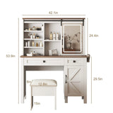 Rustic Farmhouse Makeup Vanity Desk With Sliding Mirror, LED Lights, And Charging Socket - White - Furniture Home Direct