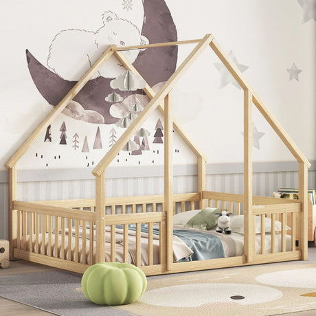 Wood House-Shaped Floor Bed With Fence, Guardrails - Furniture Home Direct