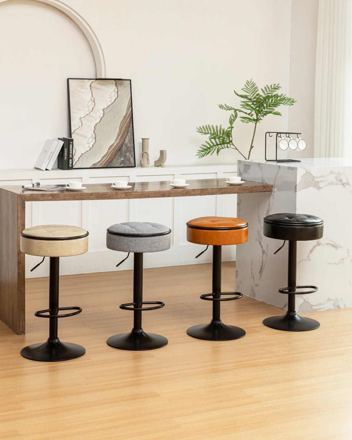 Bar Stool Round Tufted PU Leather Adjustable Height Brown - Furniture Home Direct