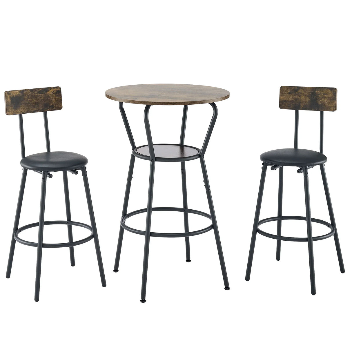Rustic Brown Round Bar Table And Stool Set With Shelf, Upholstered Stool With Backrest - Antique Brown - Furniture Home Direct