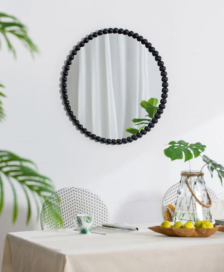 Circle Mirror With Metal Beaded Frame, Wall Mirror For Living Room Bedroom Entryway - Black - Furniture Home Direct
