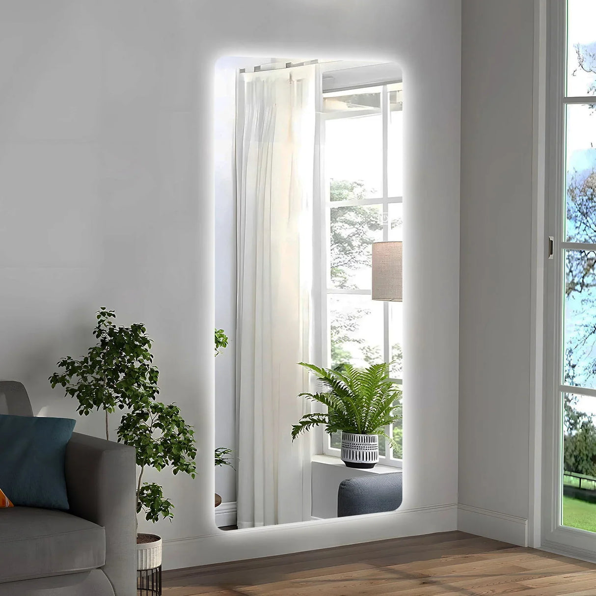 Wall Mounted Full Body Mirror With Dimming Lights Glass - Silver - Furniture Home Direct