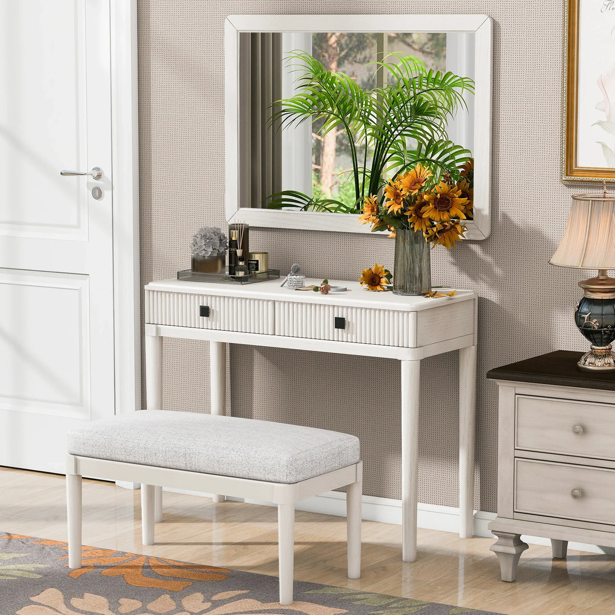 Vanity Desk With Large Mirror And Upholstered Stool White - Furniture Home Direct