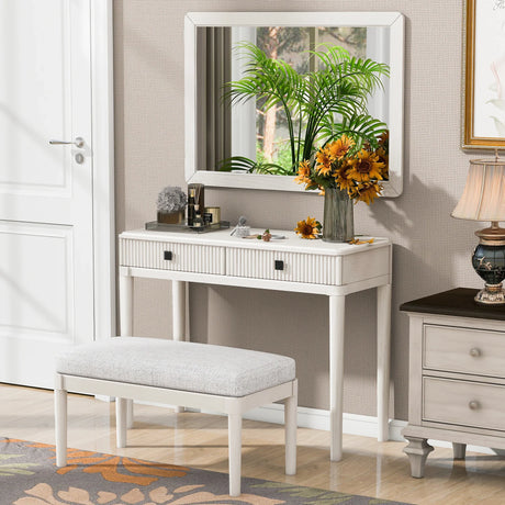 Vanity Desk With Large Mirror And Upholstered Stool White - Furniture Home Direct