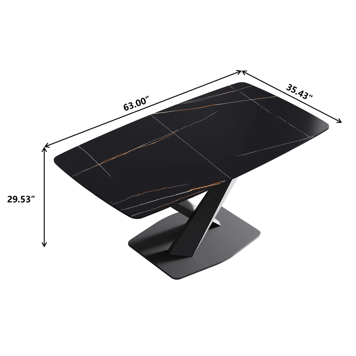 63" Artificial Stone Black Curved Black Metal Leg Dining Table - Black - Furniture Home Direct