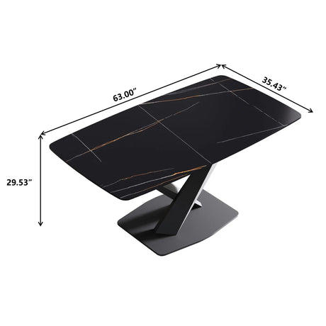 63" Artificial Stone Black Curved Black Metal Leg Dining Table - Black - Furniture Home Direct