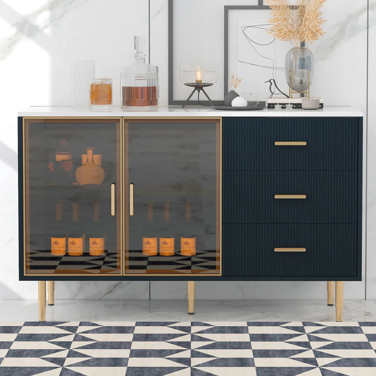 Modern Sideboard Buffet Cabinet Marble Sticker Tabletop And Amber-Yellow Tempered Glass Doors With Gold Metal Legs & Handles - Furniture Home Direct