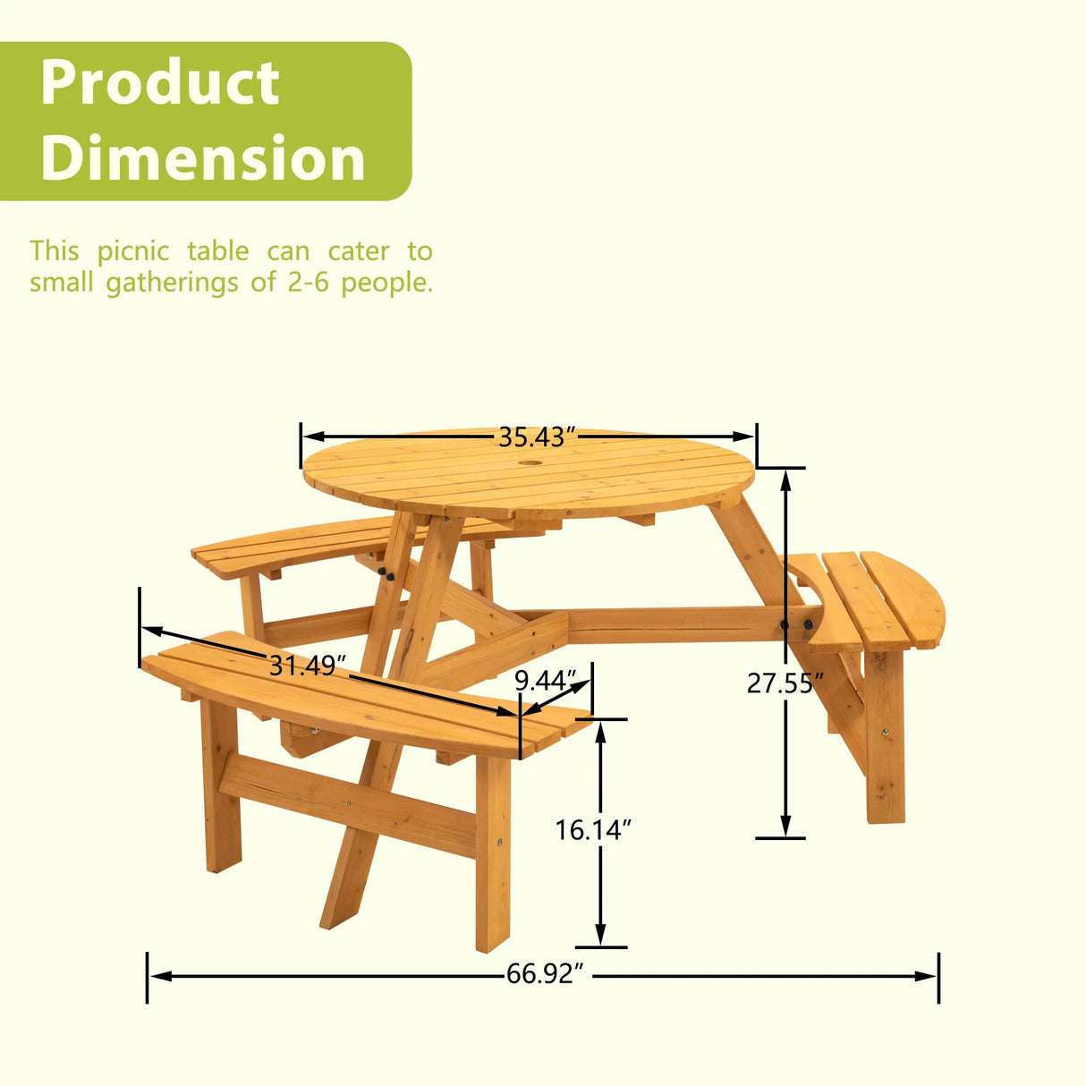 6 Person Circular Outdoor Wooden Picnic Table For Patio, Backyard, Garden, Diy With 3 Built-In Benches, 1720Lb Capacity - Furniture Home Direct