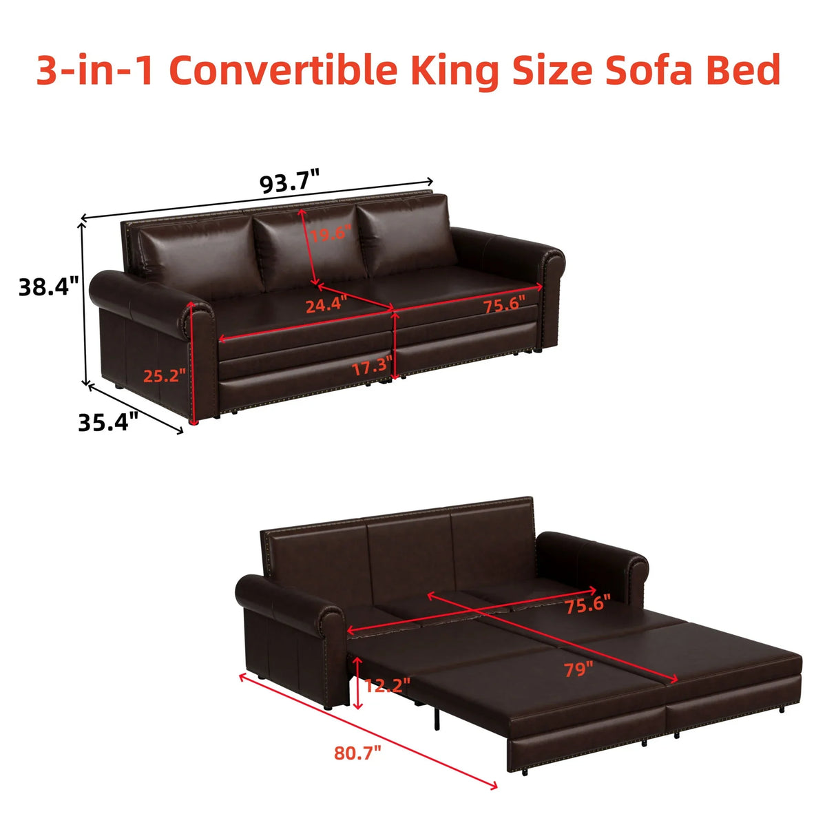 3 In 1 Convertible Sleeper Sofa With Nailhead Trim & Rolled Arm - Furniture Home Direct