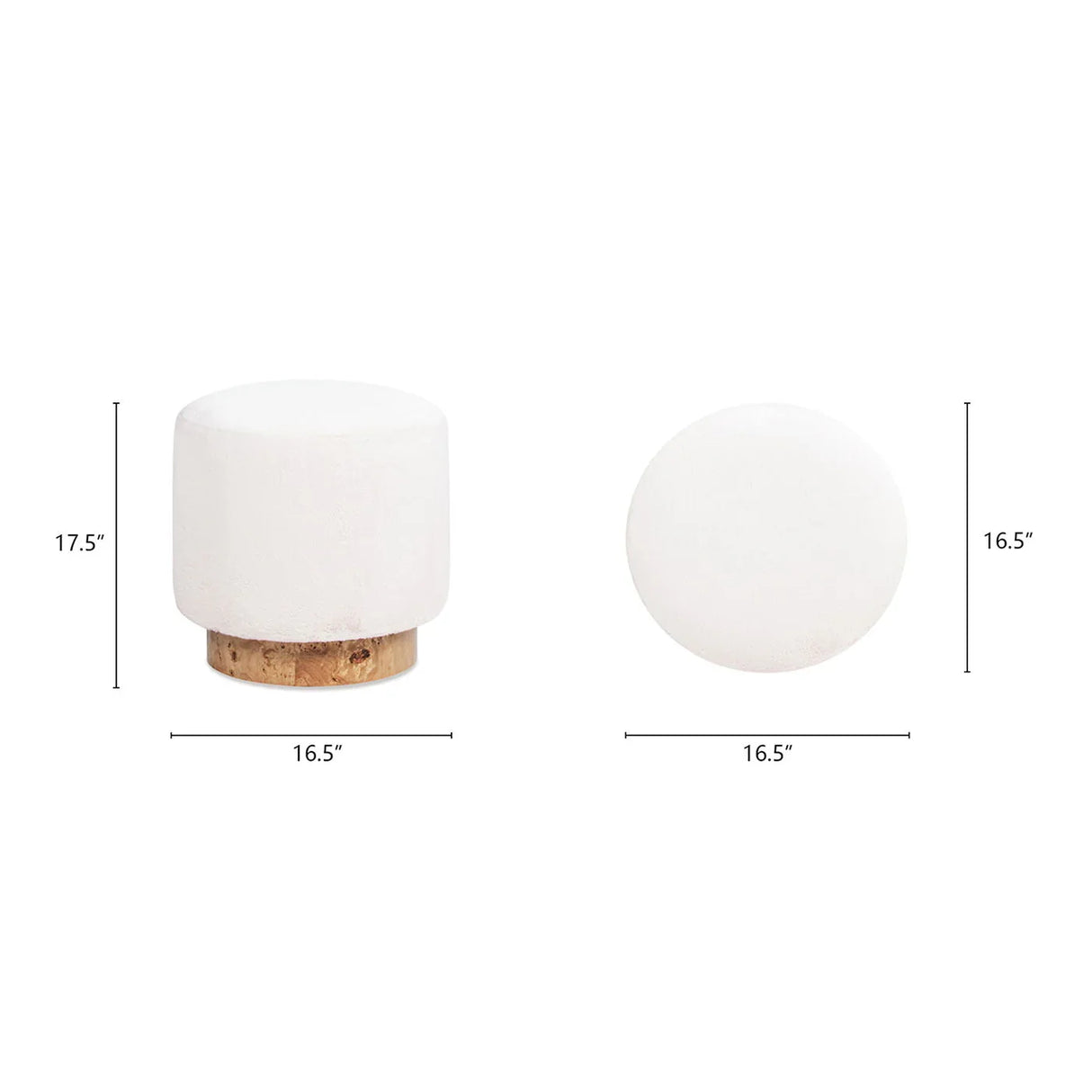 Tilly - Round Fur Upholstered / Burl Pouf Ottoman - White - Furniture Home Direct