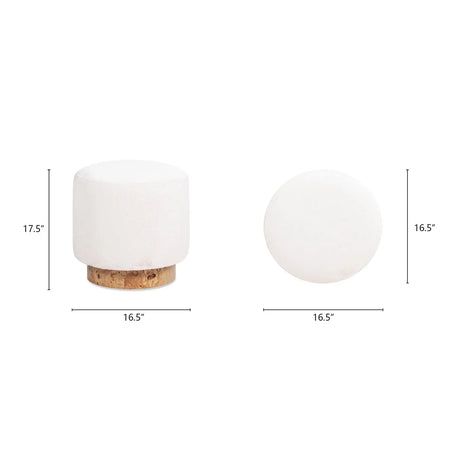 Tilly - Round Fur Upholstered / Burl Pouf Ottoman - White - Furniture Home Direct