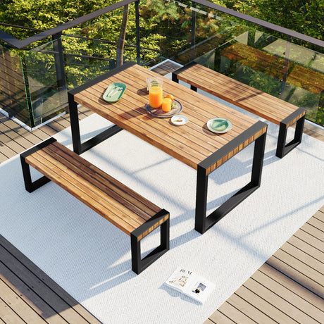 3 Pieces Outdoor Dining Table With 2 Benches, Patio Dining Set With Unique Top Texture, Acacia Wood Top & Steel Frame, All Weather Use, For Outdoor & Indoor - Natural - Furniture Home Direct