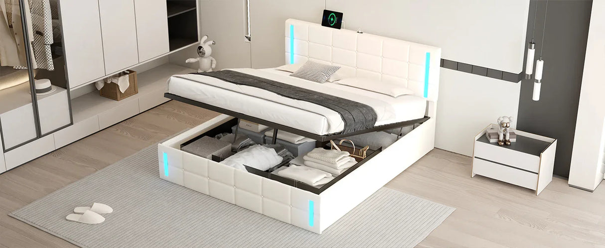 Storage Bed With LED Lights And Hydraulic Lift White - Furniture Home Direct