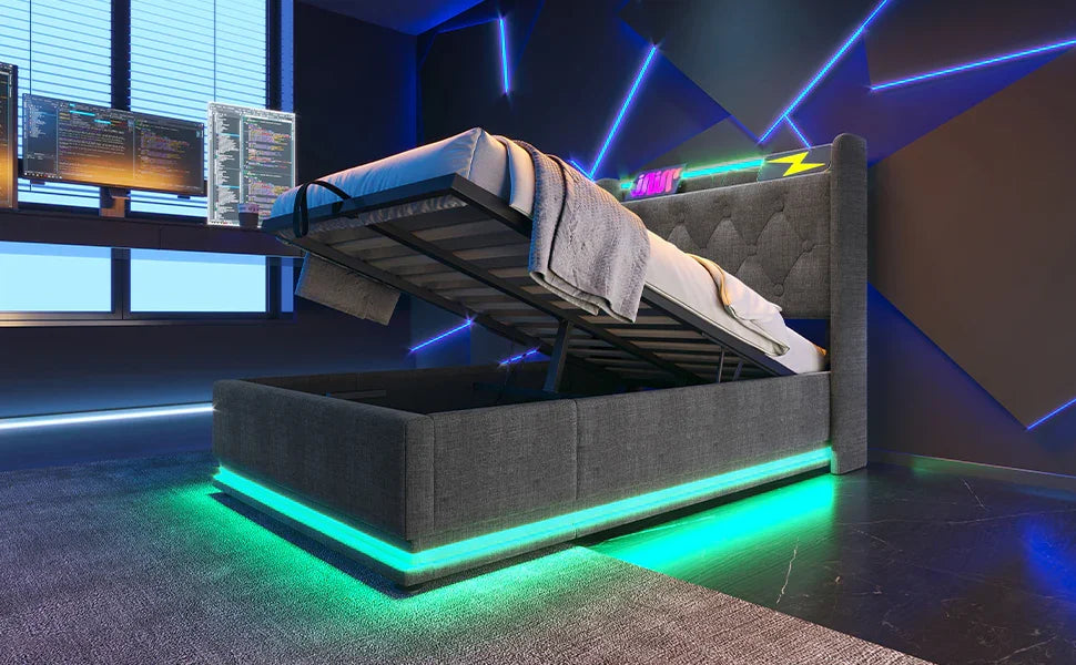 Twin Upholstered Bed 360 Surround LED Lighting USB C Gray - Furniture Home Direct