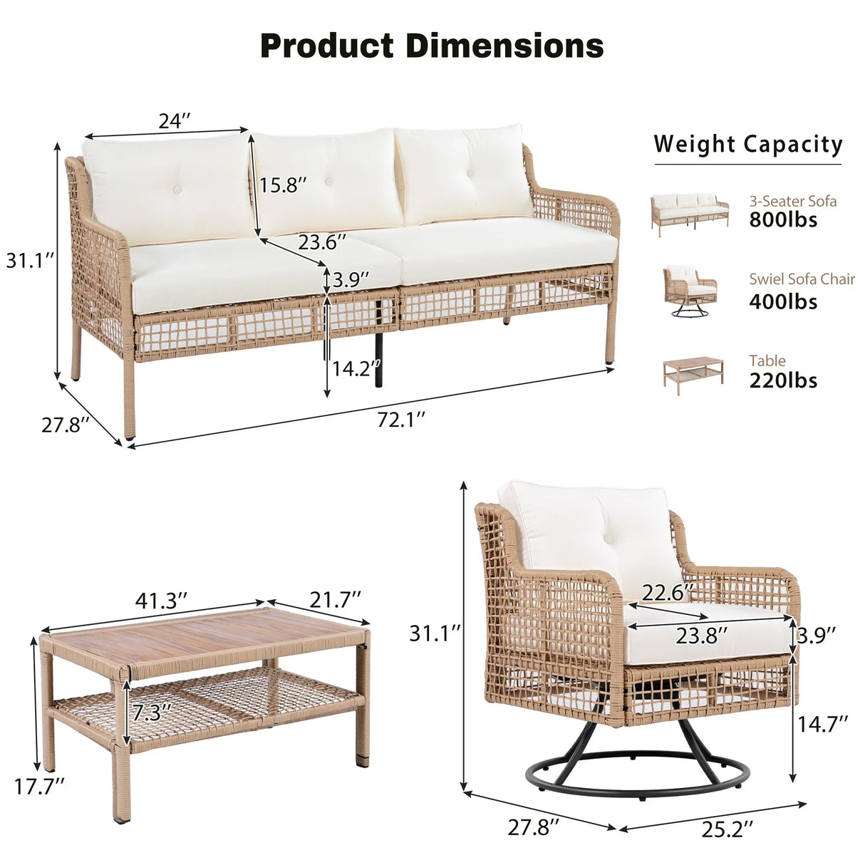 4 Piece Outdoor Patio Set with Swivel Chairs - Beige - Furniture Home Direct