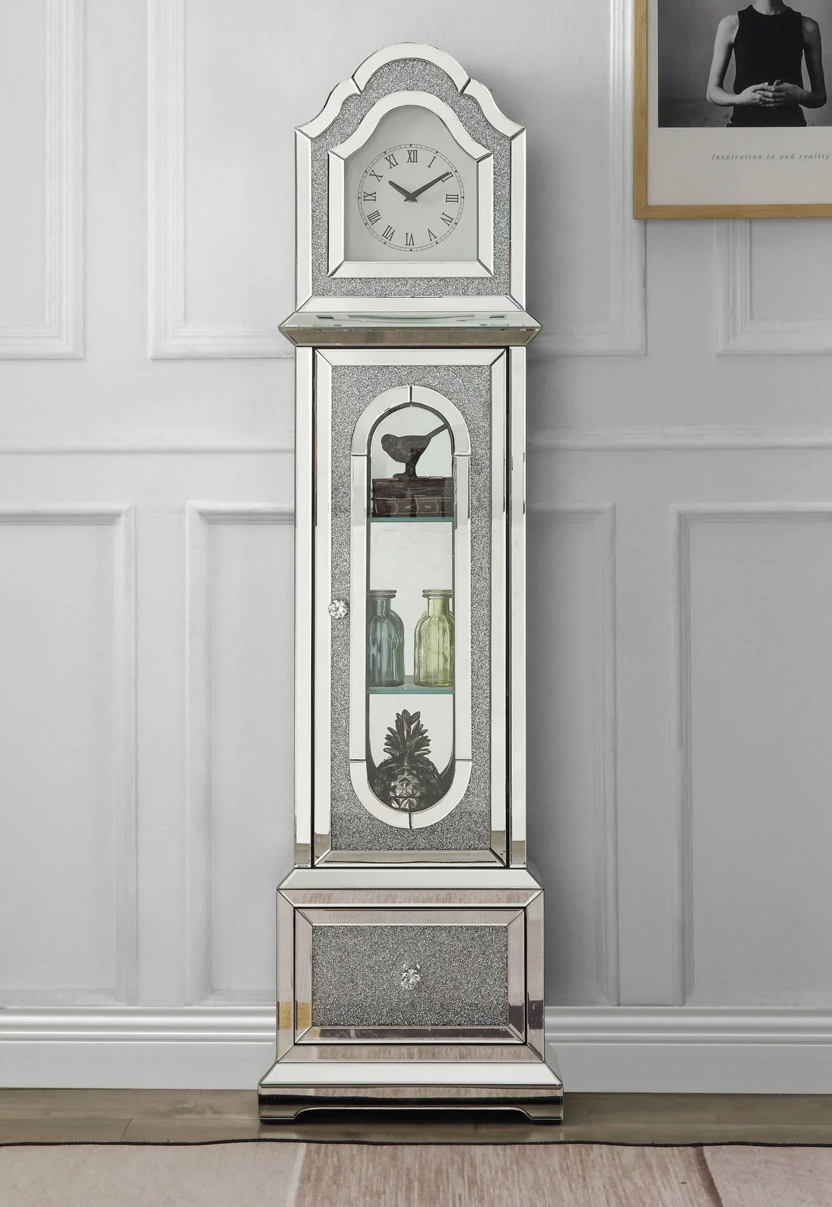 Noralie - Mirrored & Faux Diamonds Grandfather Clock With LED - Silver Gray - Furniture Home Direct