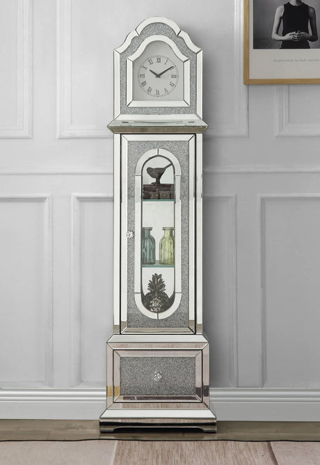 Noralie - Mirrored & Faux Diamonds Grandfather Clock With LED - Silver Gray - Furniture Home Direct