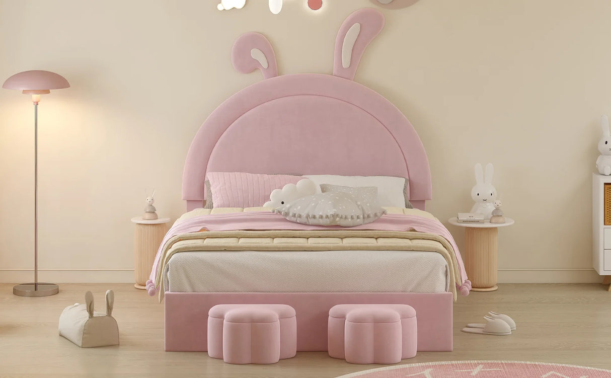Rabbit Shaped Bed With Storage Stools Upholstered Pink - Furniture Home Direct