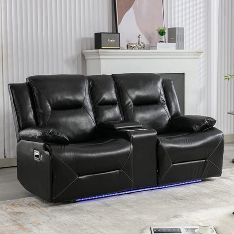 2 Seater Home Theater Recliner Manual Recliner Chair With A LED Light Strip Two Cup Holders And A Storage Box For Living Room - Furniture Home Direct