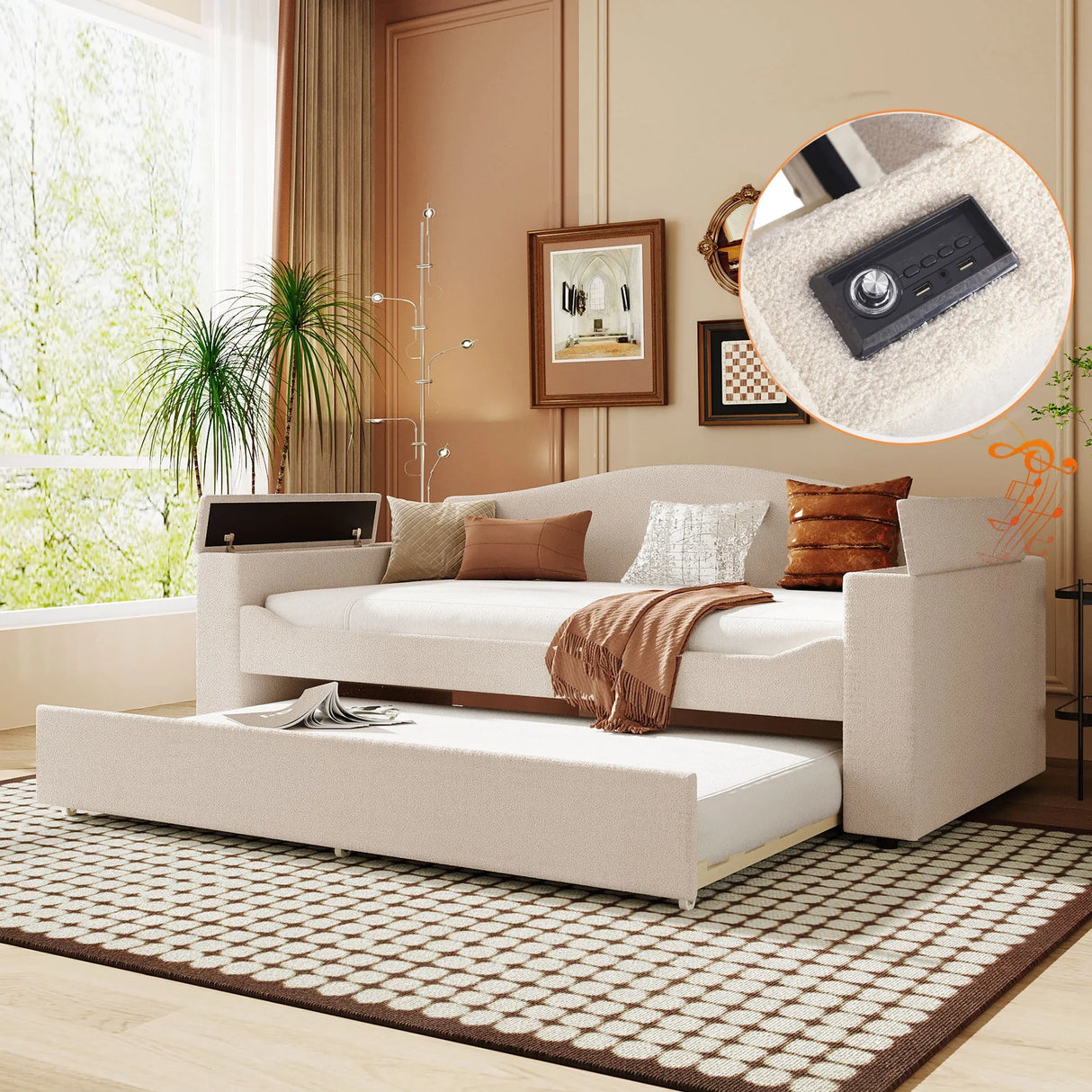 Upholstered Daybed With Storage Armrests, Trundle And Latest Integrated Bluetooth Audio System - Furniture Home Direct