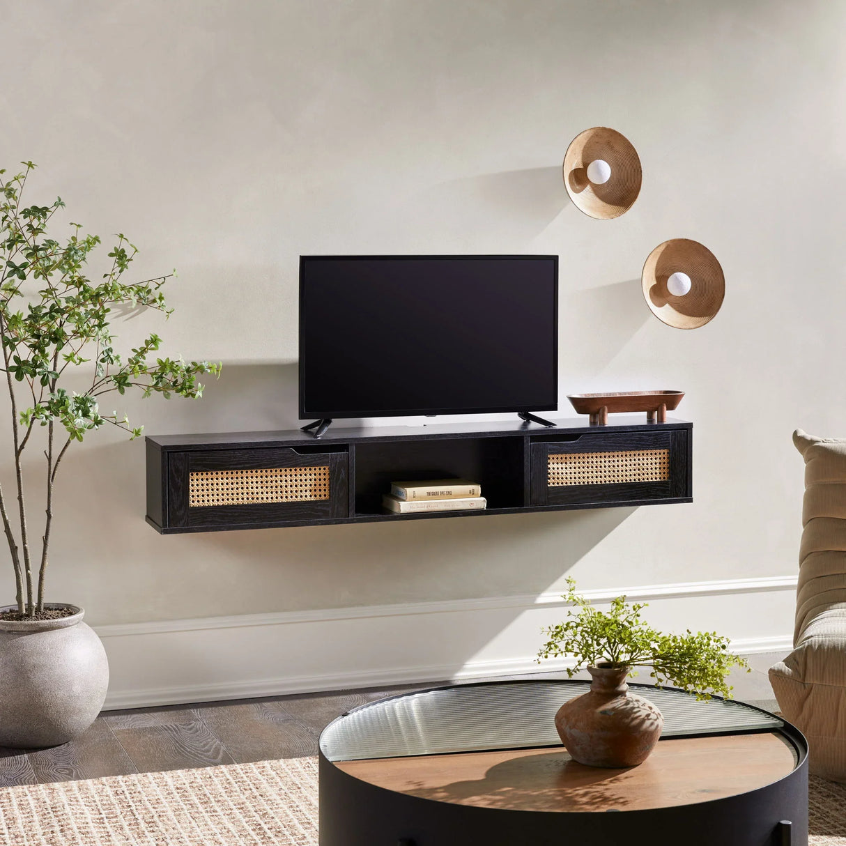 Modern Rattan Door Floating TV Stand For TVs Up To 65" - Furniture Home Direct