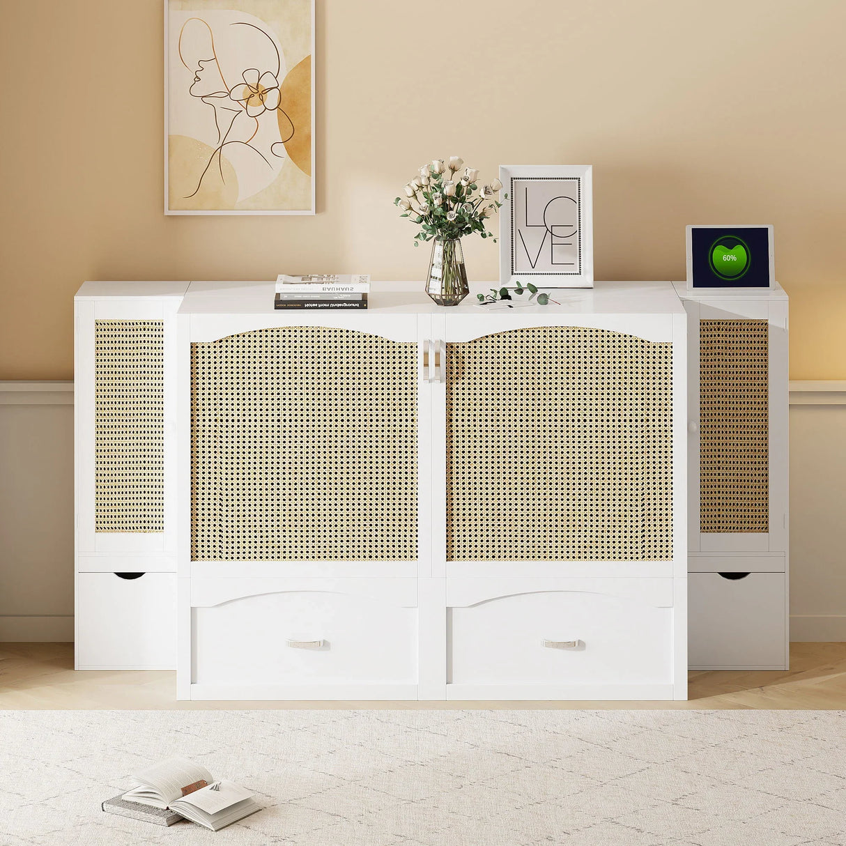 Murphy Wall Bed With Drawer And Rattan Decoration - Furniture Home Direct