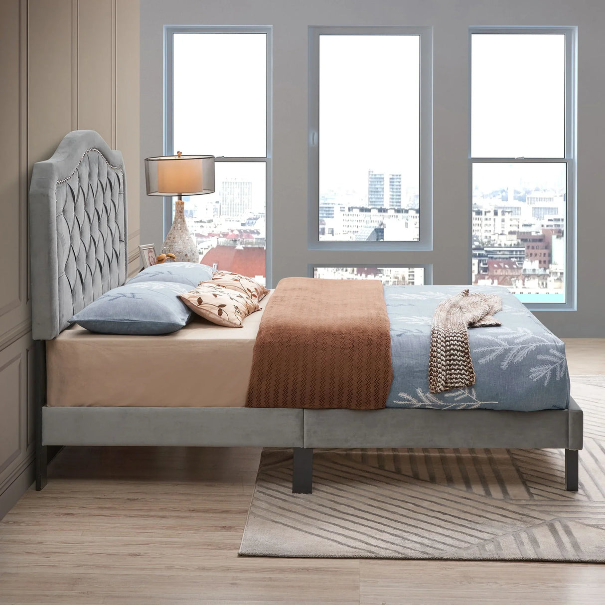 Queen Platform Upholstered Bed Button Tufted With Curve Design, Strong Wood Slat Support - Gray - Furniture Home Direct