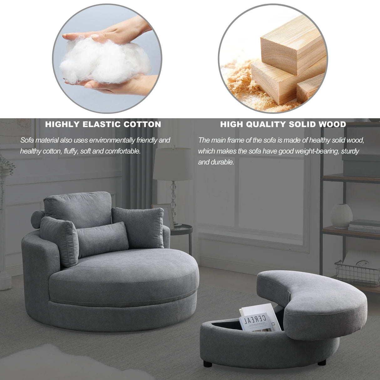 Linen Barrel Swivel Chair With Storage Ottoman - Furniture Home Direct