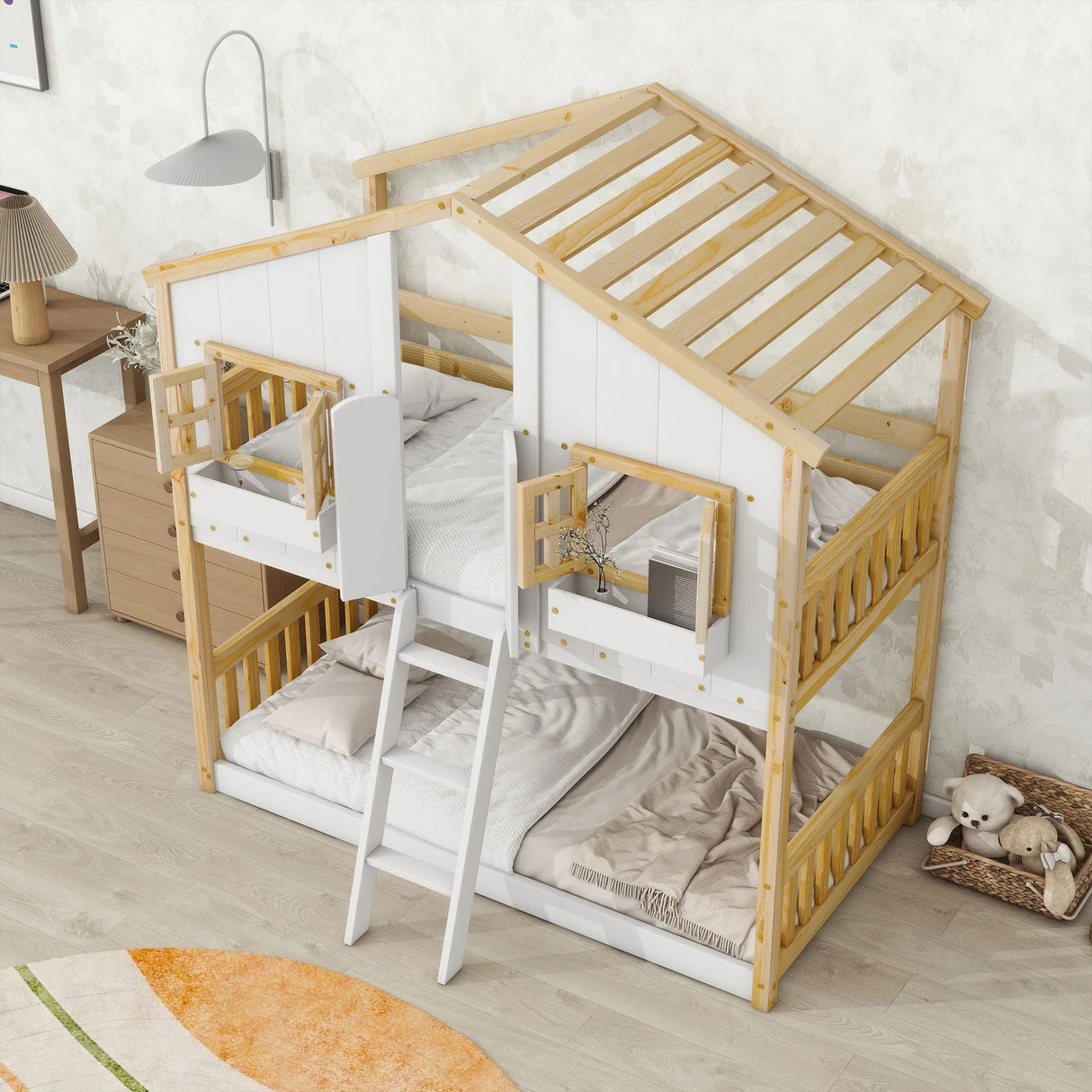 House Bunk Bed With Roof, Window, Window Box, Door, With Safety Guardrails And Ladder - Furniture Home Direct