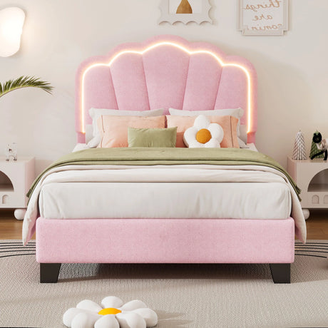 Upholstered Elegant Flowers Headboard With LED Light Strip, Platform Bed With Slats Support - Furniture Home Direct