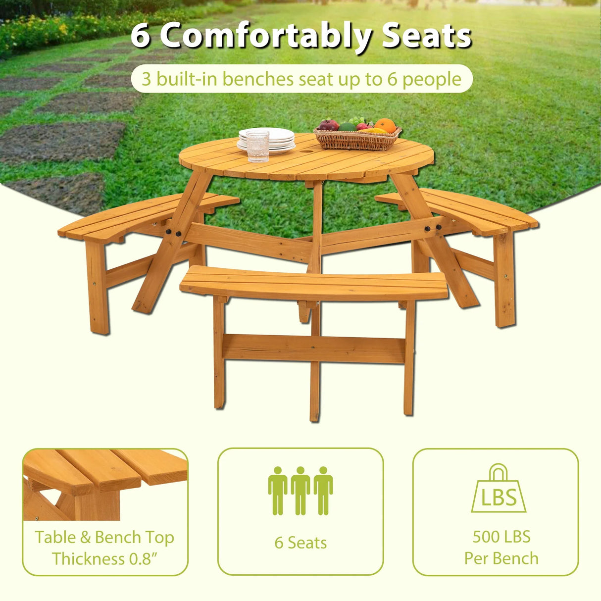 6 Person Circular Outdoor Wooden Picnic Table For Patio, Backyard, Garden, Diy With 3 Built-In Benches, 1720Lb Capacity - Furniture Home Direct