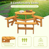 6 Person Circular Outdoor Wooden Picnic Table For Patio, Backyard, Garden, Diy With 3 Built-In Benches, 1720Lb Capacity - Furniture Home Direct
