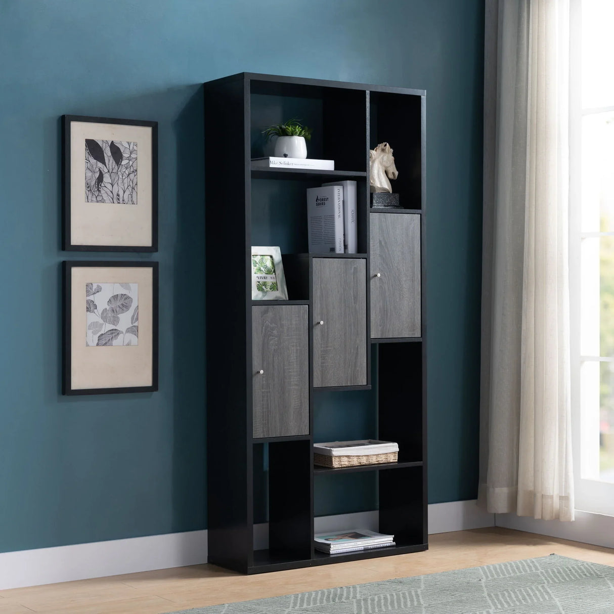 Bookcase Display Storage Cabinet, Multi Shelves - Black / Distressed Gray - Furniture Home Direct
